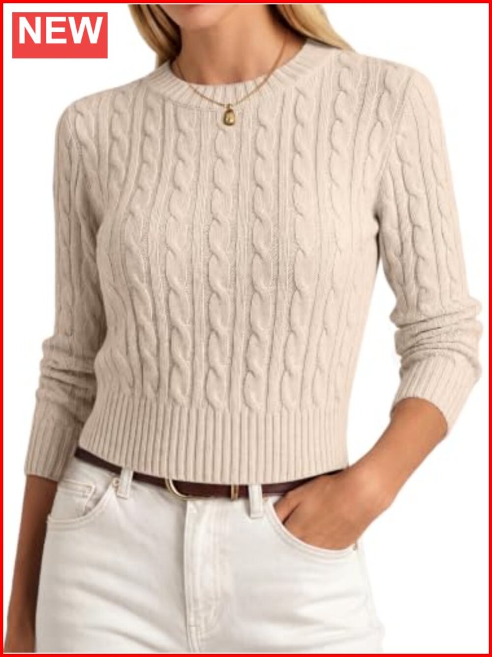 Cable Knit Cropped Sweater Slim Fit Crew Neck Pullover Fall Winter